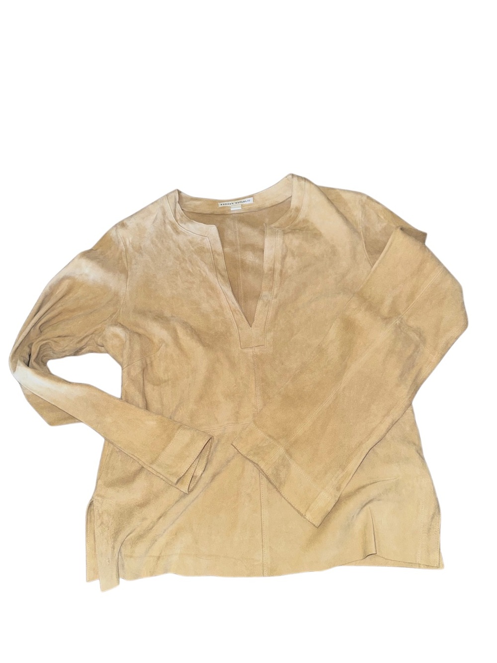 Banana Republic Genuine Leather Suede Notch V-Neck Long Sleeve Top Tan Size 8